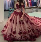 Wine Quince Tulle Ball Gown Prom Dress with Train
