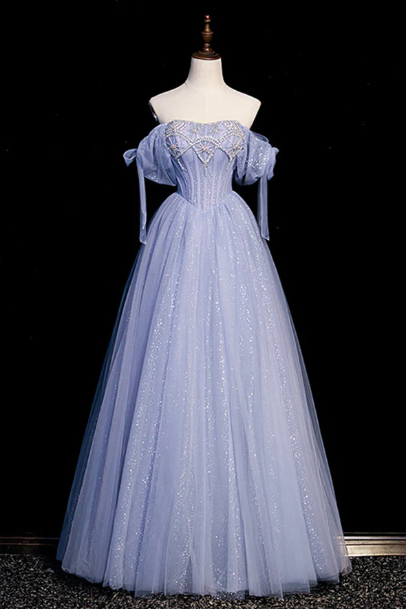 Blue Tulle Long A Line Prom Dress Beading Formal Gowns