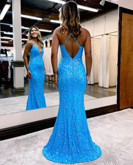 Beautiful Charming Mermaid V Neck Blue Lace Sequins Long Prom Dresses