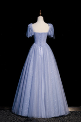 Blue Tulle Long A Line Prom Dress Beading Formal Gowns