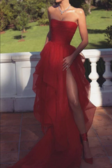 Sexy Strapless Layered Long Red Prom Dresses