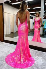 Sequin Hot Pink Long Sexy Prom Dress with Low Back