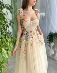 Light Champagne Formal Evening Gown with Colorful Pattern and Straps