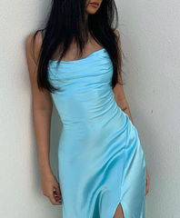 Elegant Blue Satin Simple Party Birthday Prom Dress For Women
