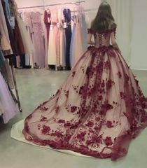 Wine Quince Tulle Ball Gown Prom Dress with Train