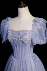 Blue Tulle Long A Line Prom Dress Beading Formal Gowns