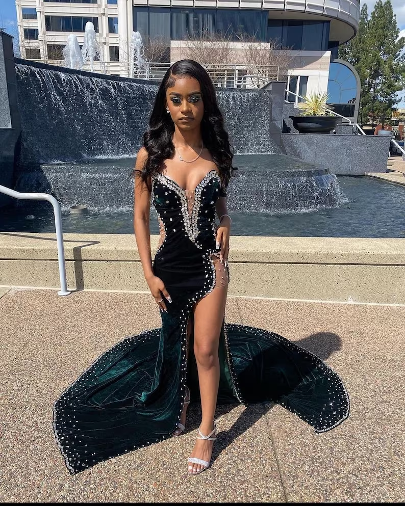 Velvet High Slit Prom Dress for Wedding Reception or Bridesmaid