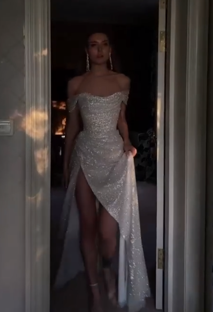 Off The Shoulder Sequin Prom Dress with Shiny Details