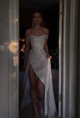 Off The Shoulder Sequin Prom Dress with Shiny Details