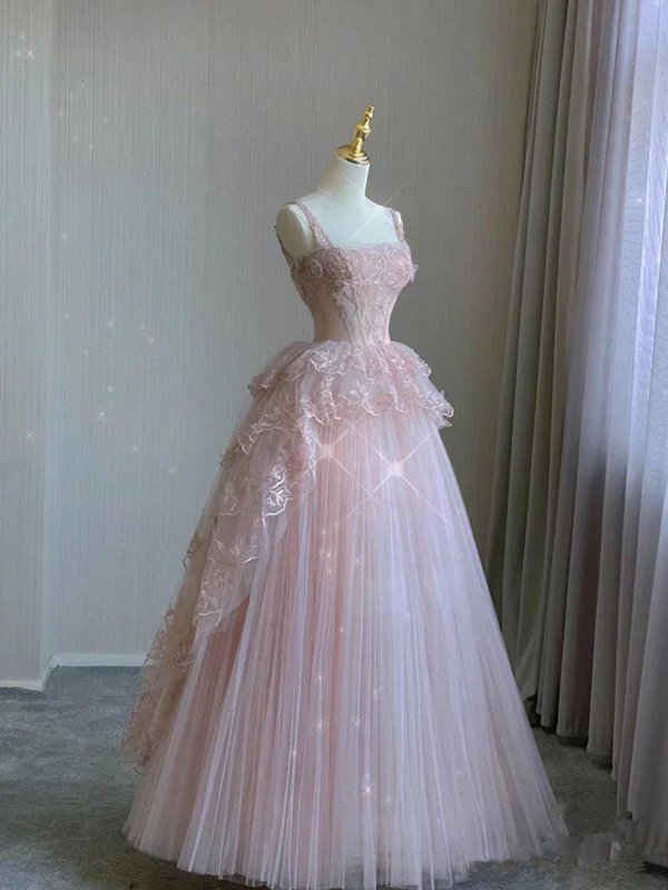 Pink Tulle Ball Gown Strap Prom Dresses For Women Birthday Outfit