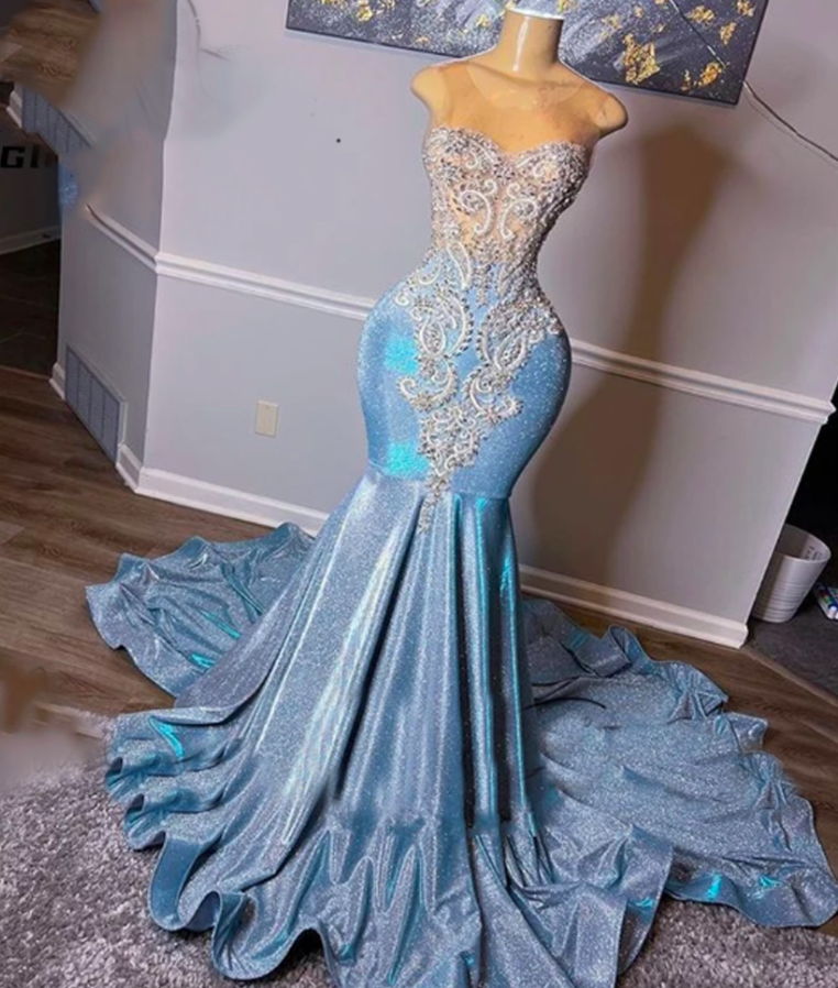 Light Sky Blue Satin Long Formal Prom Evening Gown Party Dress