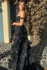 Elegant Black Off The Shoulder Tiered Prom Dress For Women