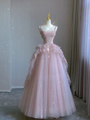 Pink Tulle Ball Gown Strap Prom Dresses For Women Birthday Outfit