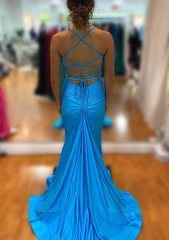 Elegant Blue V Neck Prom Evening Dress With Split