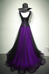Stunning Purple Black Tulle V Neckline Beaded Prom Dress For Women
