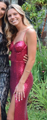 Hot Pink Sequin Long Prom Party Evening Dresses With Slit