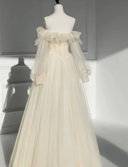 Long Satin Off-the-Shoulder Puffy Sleeves Prom Evening Gown Dress