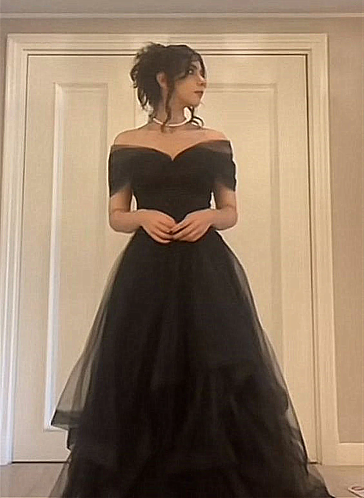Black Off Shoulder Tulle Prom Dress Sweetheart Evening Gown Party