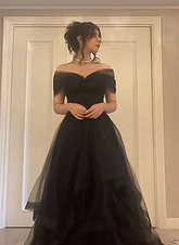 Black Off Shoulder Tulle Prom Dress Sweetheart Evening Gown Party