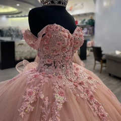 Beautiful Pink Lace Long Prom Ball Gown Sweet 16 Dresses