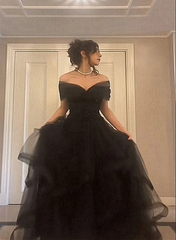 Black Off Shoulder Tulle Prom Dress Sweetheart Evening Gown Party