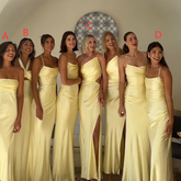 Yellow Satin Bridesmaids Prom Dress Long Formal Gown Evening Wear