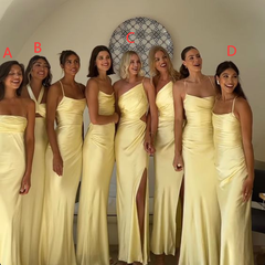 Yellow Satin Bridesmaids Prom Dress Long Formal Gown Evening Wear