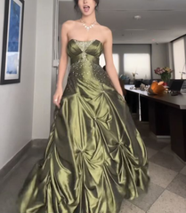 Long Satin Green Formal Party Gown Dress
