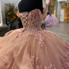 Beautiful Pink Lace Long Prom Ball Gown Sweet 16 Dresses