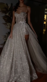 Elegant Spaghetti Straps Bohemian Wedding Dress with Sparkly Lace Details