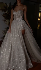 Elegant Spaghetti Straps Bohemian Wedding Dress with Sparkly Lace Details