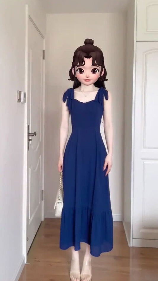 Royal Blue Chiffon Tea Length Summer Dress - DollyGown