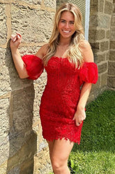 Red Lace Tight Short Homecoming Dress - DollyGown