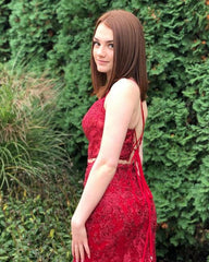 Red Spaghetti Strap Lace Tulle Two Piece Long Prom Dress - DollyGown