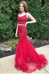 Red Spaghetti Strap Lace Tulle Two Piece Long Prom Dress - DollyGown