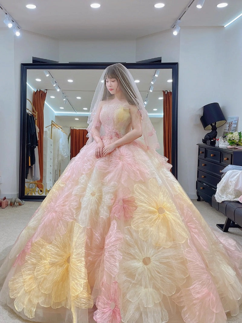 Romantic 3D Big Flowers Ball Gown Colorful Wedding Dress - DollyGown