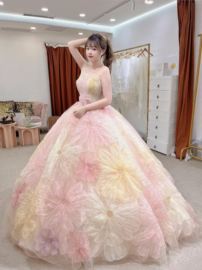 Romantic 3D Big Flowers Ball Gown Colorful Wedding Dress - DollyGown