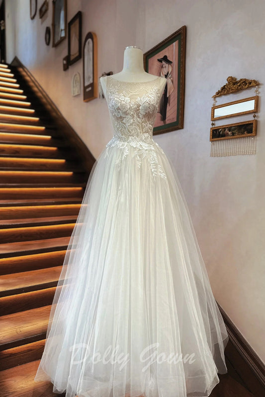 Romantic Boat Neck Sheer Lace Top A-line Tulle Wedding Dress - DollyGown