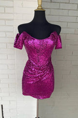 Round Neck Off Shoulder Sequin Homecoming Dress - DollyGown