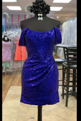 Round Neck Off Shoulder Sequin Homecoming Dress - DollyGown