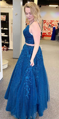 Royal Blue Spaghetti Strap Lace Two Piece Long Prom Dress - DollyGown