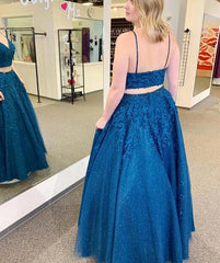 Royal Blue Spaghetti Strap Lace Two Piece Long Prom Dress - DollyGown
