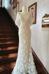 Ruffle Cap Sleeves Mermaid Lace Wedding Dress - DollyGown