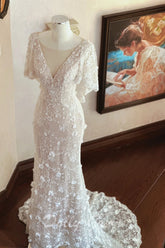 Ruffle Cap Sleeves Mermaid Lace Wedding Dress - DollyGown