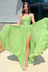 Kiwi Green Twist-Front Pleated Prom Dress with Slit - DollyGown