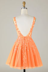 Orange Glitter Applique V-Neck Tulle Homecoming Dress - DollyGown