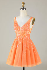 Orange Glitter Applique V-Neck Tulle Homecoming Dress - DollyGown