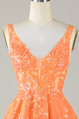 Orange Glitter Applique V-Neck Tulle Homecoming Dress - DollyGown