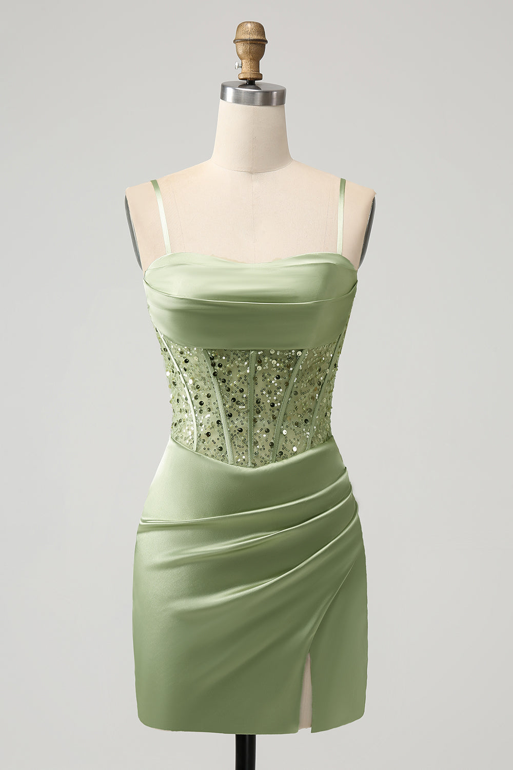 Corset Sequin Mini Homecoming Dress in Sage Green - DollyGown