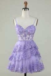 Glitter Lace Asymmetrical Ruffle Tiered Short See Through Homecoming Dress - DollyGown